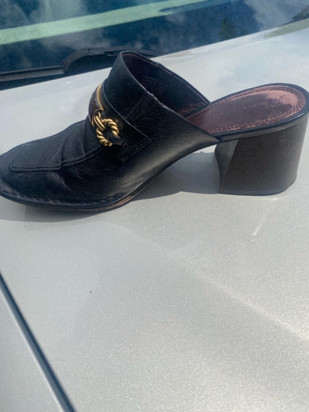 Tory Burch Black Leather Block-Heel Mule with Gold Knot Hardware